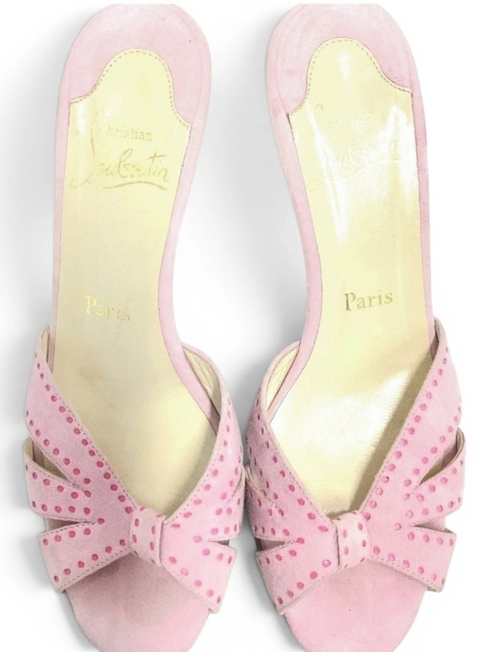 Christian Louboutin Pink Suede Red Bottom Lasercut Mules Heel EU 38 MSRP $795